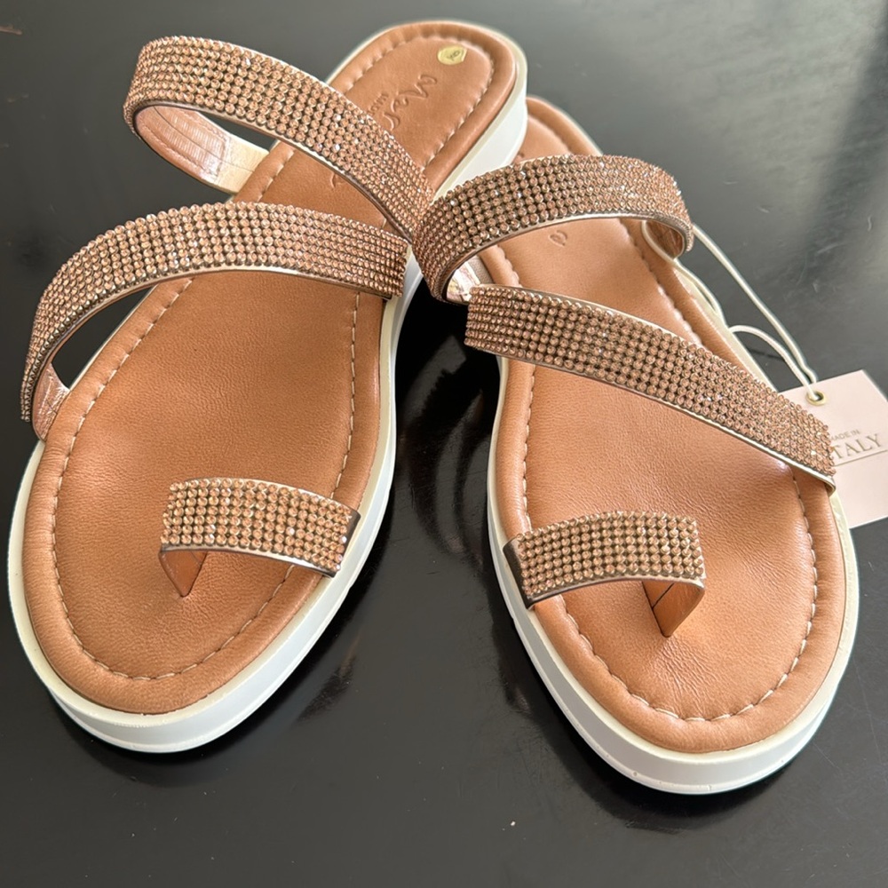 Mariella rose gold stone studded sandals slip ons white sole NIB 9M